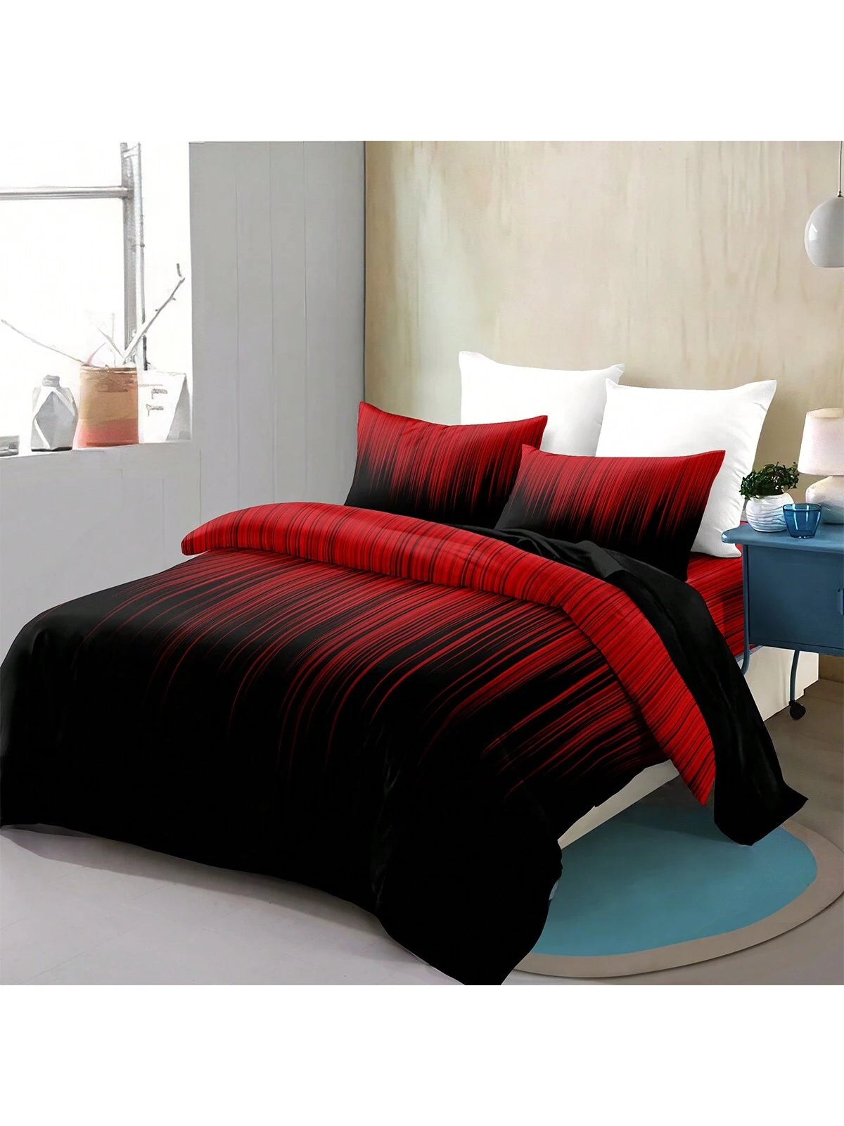 3pcs Red And Black Striped Pattern Duvet Cover Set (1*Duvet Cover + 2*Pillowcases, Without Core), Fashionable Pattern Bedding Room Decoration, Soft And Comfortable Bedding Set