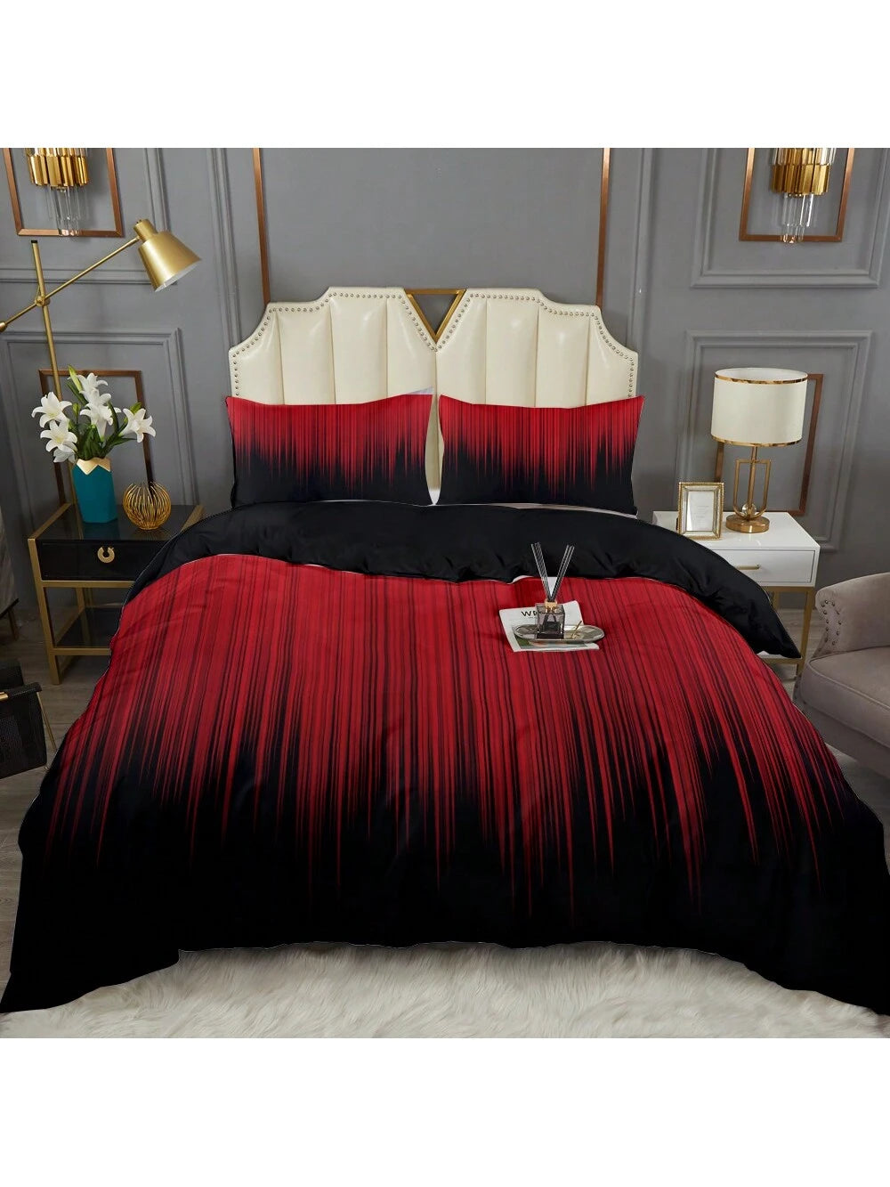 3pcs Red And Black Striped Pattern Duvet Cover Set (1*Duvet Cover + 2*Pillowcases, Without Core), Fashionable Pattern Bedding Room Decoration, Soft And Comfortable Bedding Set