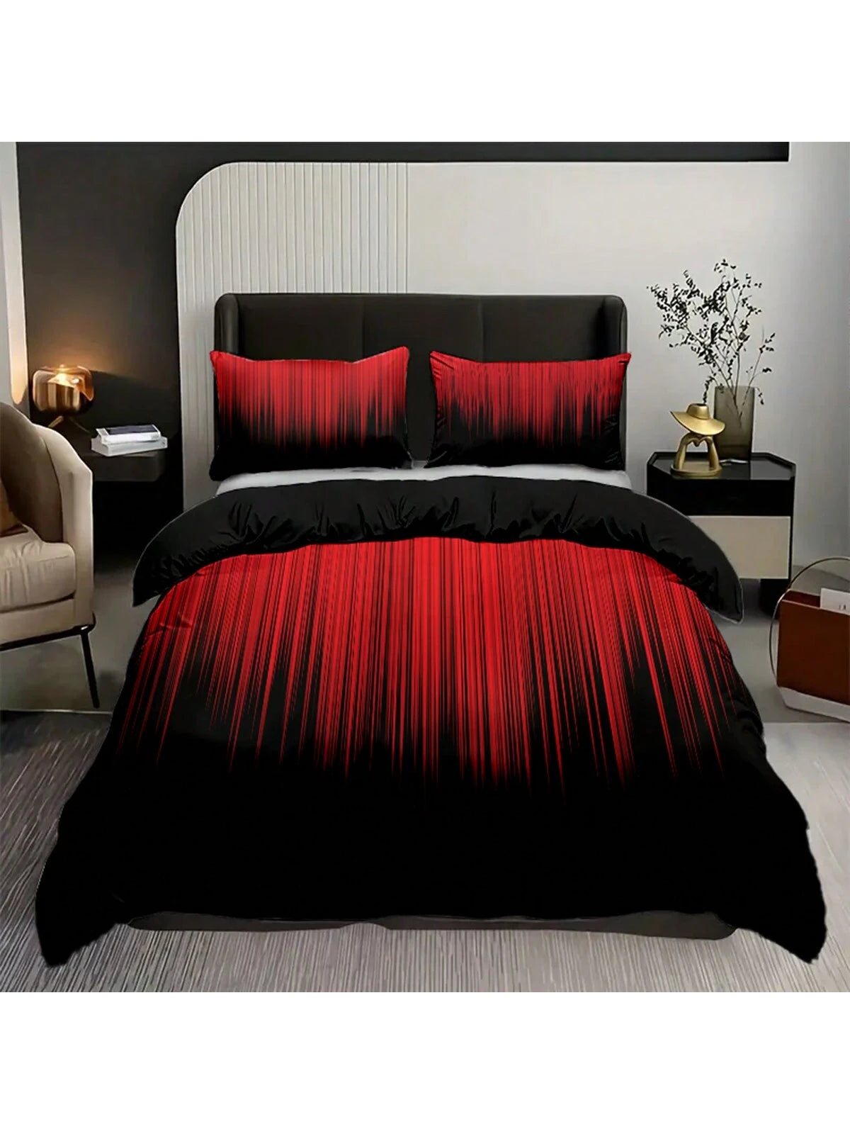 3pcs Red And Black Striped Pattern Duvet Cover Set (1*Duvet Cover + 2*Pillowcases, Without Core), Fashionable Pattern Bedding Room Decoration, Soft And Comfortable Bedding Set
