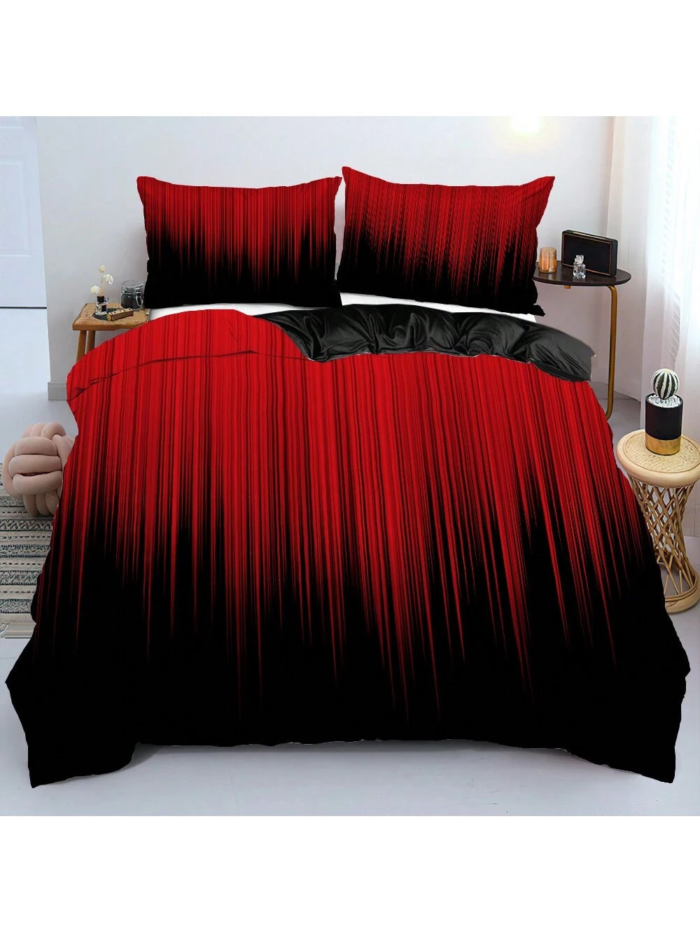 3pcs Red And Black Striped Pattern Duvet Cover Set (1*Duvet Cover + 2*Pillowcases, Without Core), Fashionable Pattern Bedding Room Decoration, Soft And Comfortable Bedding Set