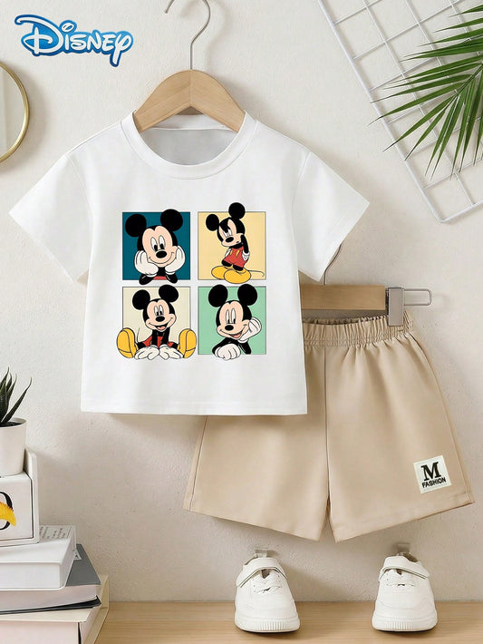 3pcs/Set Baby Boy Disney Graphic Tee & Khaki Shorts Set, Casual Comfortable Outfit For Everyday, Vacation, Party, Suitable For Infant Boys Under 3 Years Old