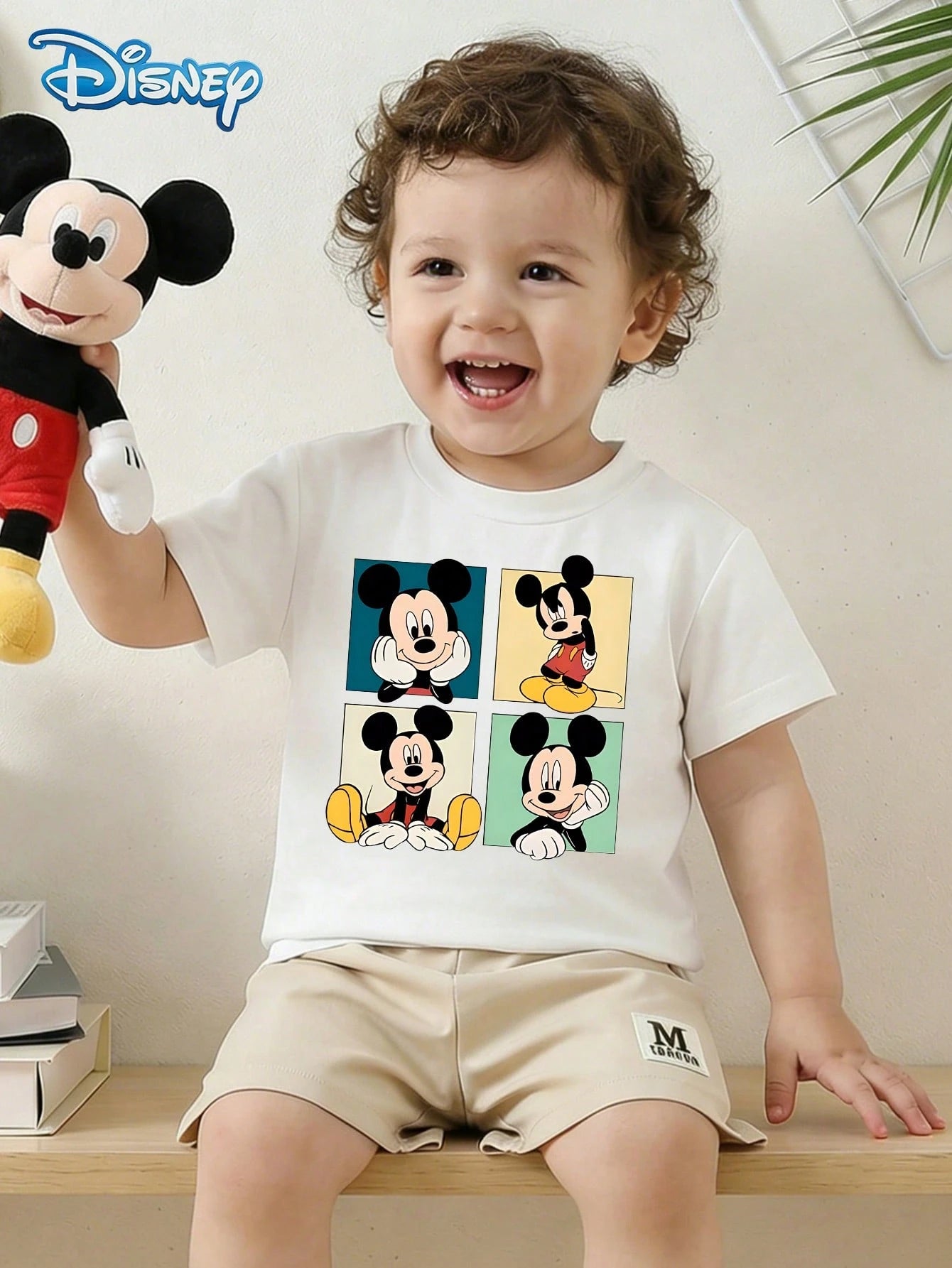 3pcs/Set Baby Boy Disney Graphic Tee & Khaki Shorts Set, Casual Comfortable Outfit For Everyday, Vacation, Party, Suitable For Infant Boys Under 3 Years Old