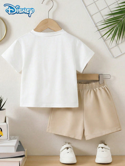 3pcs/Set Baby Boy Disney Graphic Tee & Khaki Shorts Set, Casual Comfortable Outfit For Everyday, Vacation, Party, Suitable For Infant Boys Under 3 Years Old