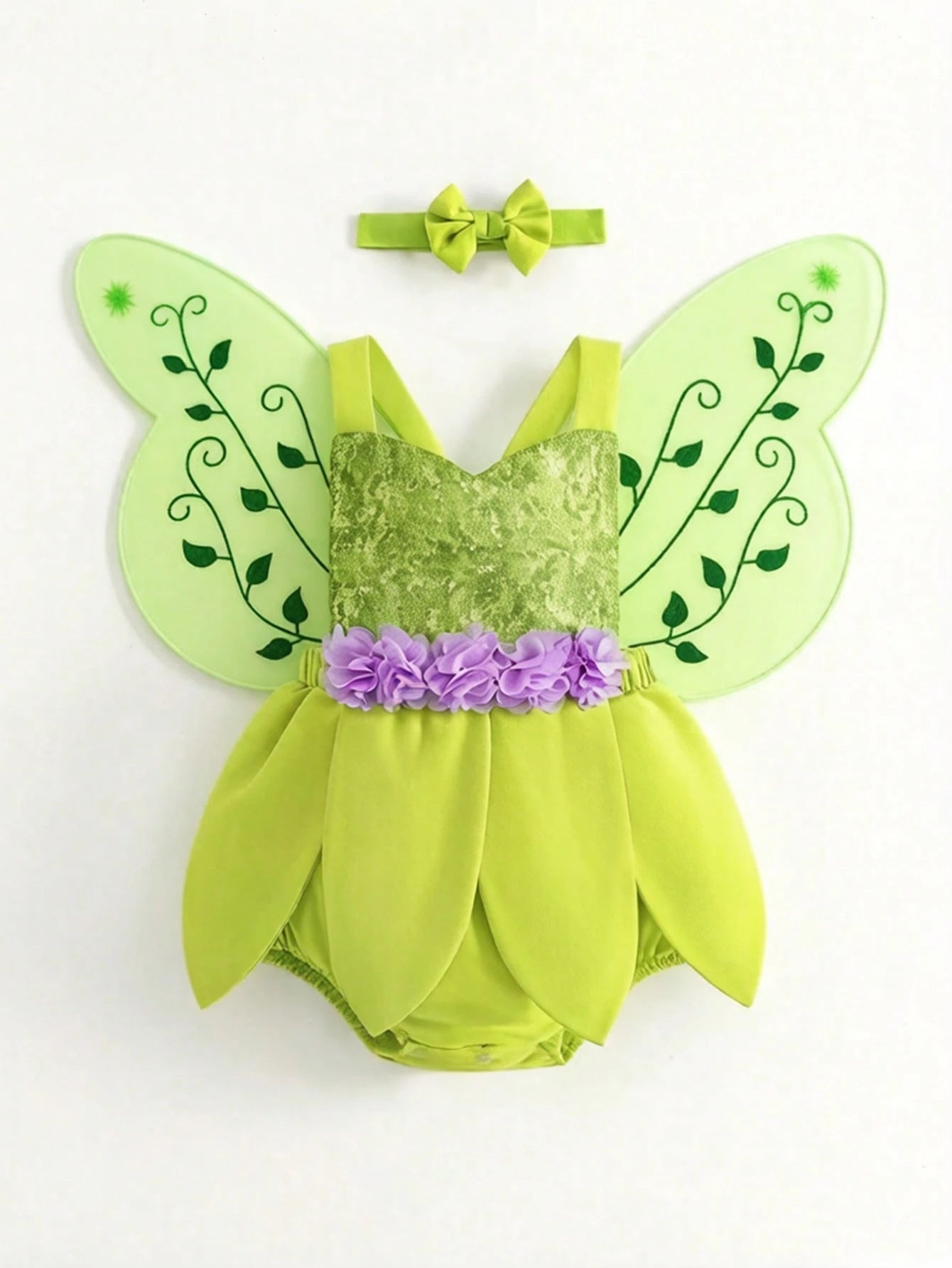 3pcs/Set Baby Girl Sequin Lime Green Bodysuit With Wings And Headband Birthday Party Summer Fairy Faerie