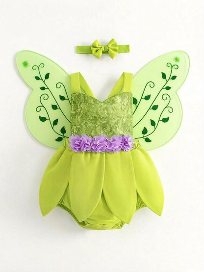 3pcs/Set Baby Girl Sequin Lime Green Bodysuit With Wings And Headband Birthday Party Summer Fairy Faerie