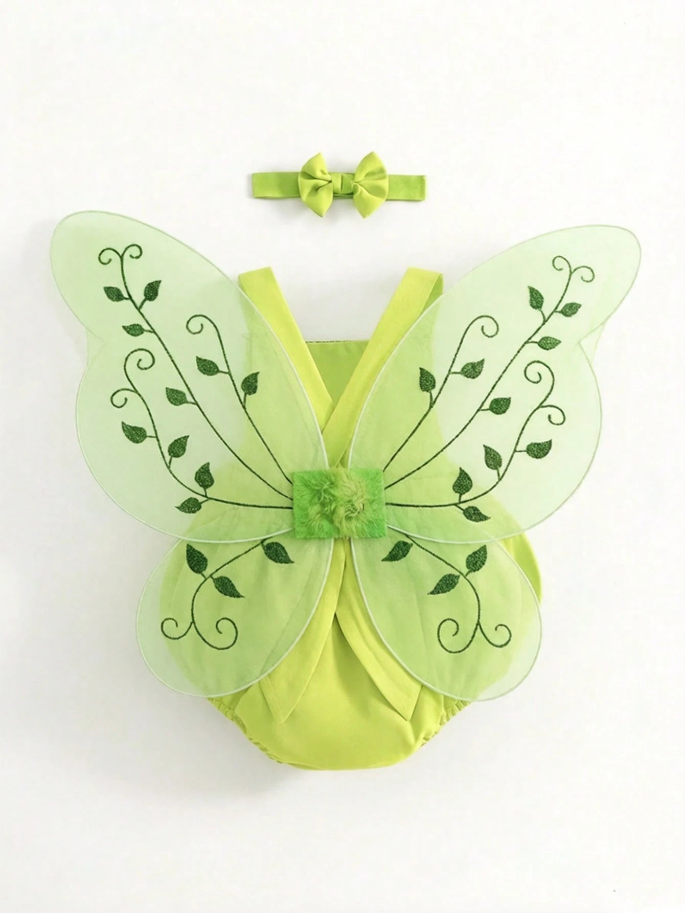 3pcs/Set Baby Girl Sequin Lime Green Bodysuit With Wings And Headband Birthday Party Summer Fairy Faerie