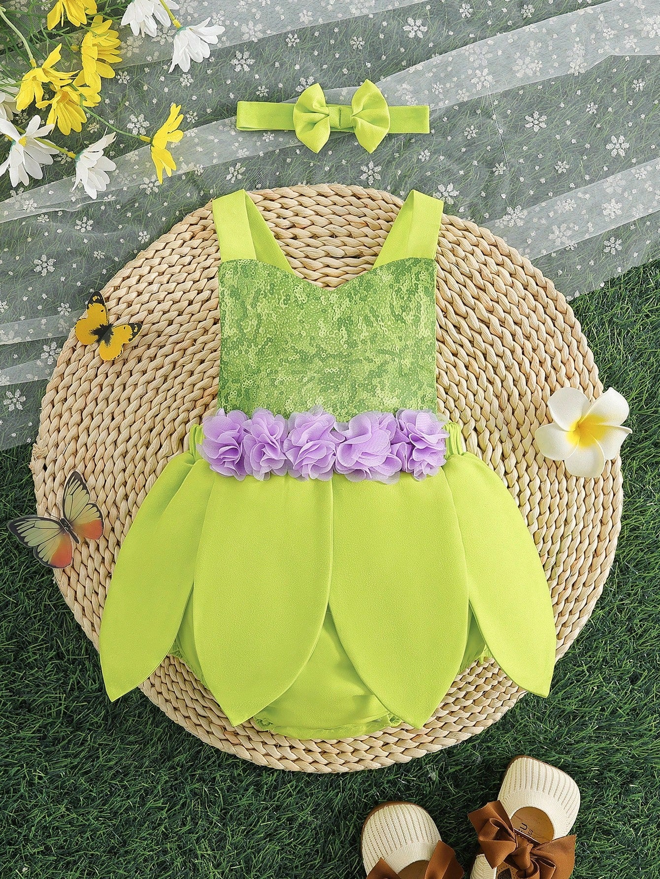 3pcs/Set Baby Girl Sequin Lime Green Bodysuit With Wings And Headband Birthday Party Summer Fairy Faerie