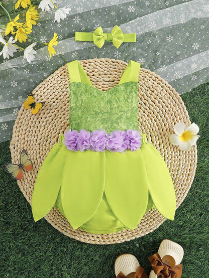 3pcs/Set Baby Girl Sequin Lime Green Bodysuit With Wings And Headband Birthday Party Summer Fairy Faerie