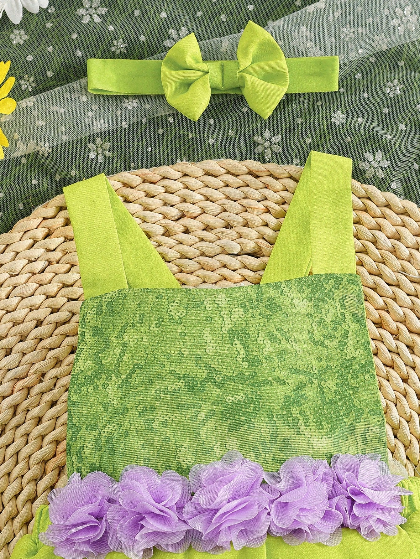 3pcs/Set Baby Girl Sequin Lime Green Bodysuit With Wings And Headband Birthday Party Summer Fairy Faerie