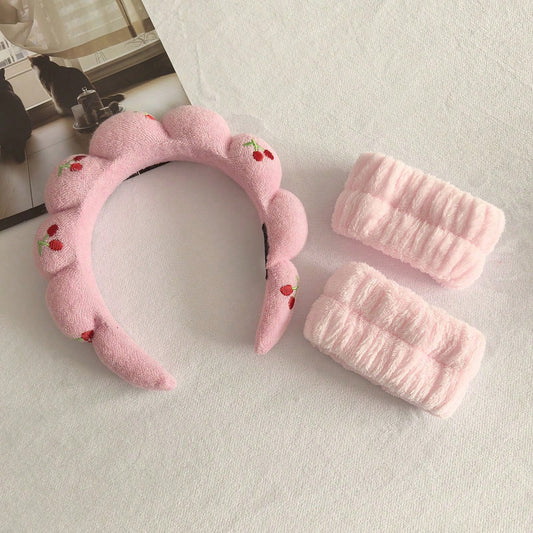 3pcs/Set Girly Cherry Embroidery Headbands, Soft Coral Fleece Material Skin-Friendly & Comfortable, Fluffy Cloud Design With Delicate Cherry Embroidery, 4 Fresh Color Options, Adorable & Cute Vibe, Ef