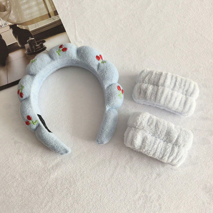 3pcs/Set Girly Cherry Embroidery Headbands, Soft Coral Fleece Material Skin-Friendly & Comfortable, Fluffy Cloud Design With Delicate Cherry Embroidery, 4 Fresh Color Options, Adorable & Cute Vibe, Ef
