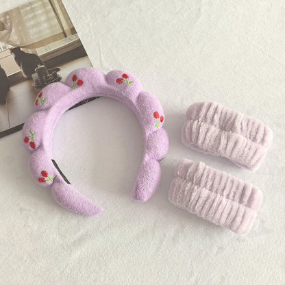 3pcs/Set Girly Cherry Embroidery Headbands, Soft Coral Fleece Material Skin-Friendly & Comfortable, Fluffy Cloud Design With Delicate Cherry Embroidery, 4 Fresh Color Options, Adorable & Cute Vibe, Ef
