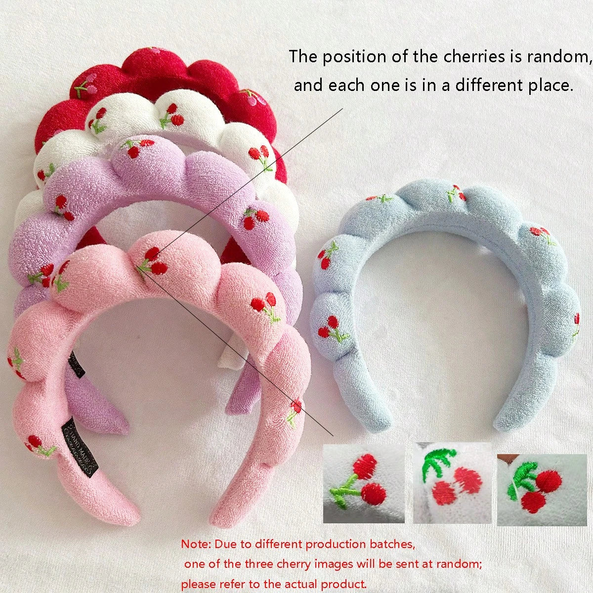 3pcs/Set Girly Cherry Embroidery Headbands, Soft Coral Fleece Material Skin-Friendly & Comfortable, Fluffy Cloud Design With Delicate Cherry Embroidery, 4 Fresh Color Options, Adorable & Cute Vibe, Ef