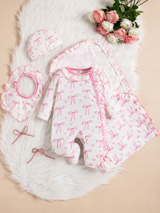 3pcs/Set Infant Baby Girls' Butterfly Print White Casual Long Sleeve Sleepwear With Romper, Hat And Bib Outfit Clothes