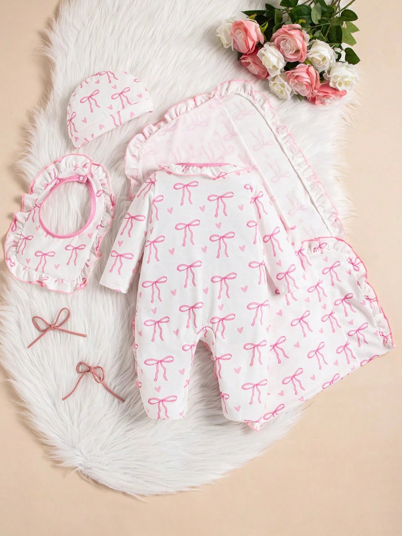 3pcs/Set Infant Baby Girls' Butterfly Print White Casual Long Sleeve Sleepwear With Romper, Hat And Bib Outfit Clothes