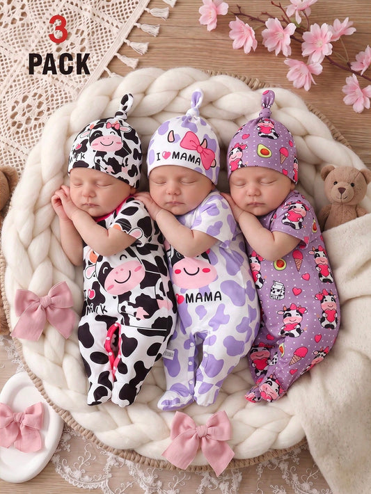 3pcs/Set Newborn Black And White Purple Summer Cute Casual Family Matching Infant Baby Pajamas Cartoon Cow Heart Pattern Milk Silk Footie