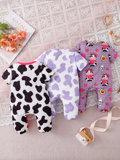 3pcs/Set Newborn Black And White Purple Summer Cute Casual Family Matching Infant Baby Pajamas Cartoon Cow Heart Pattern Milk Silk Footie