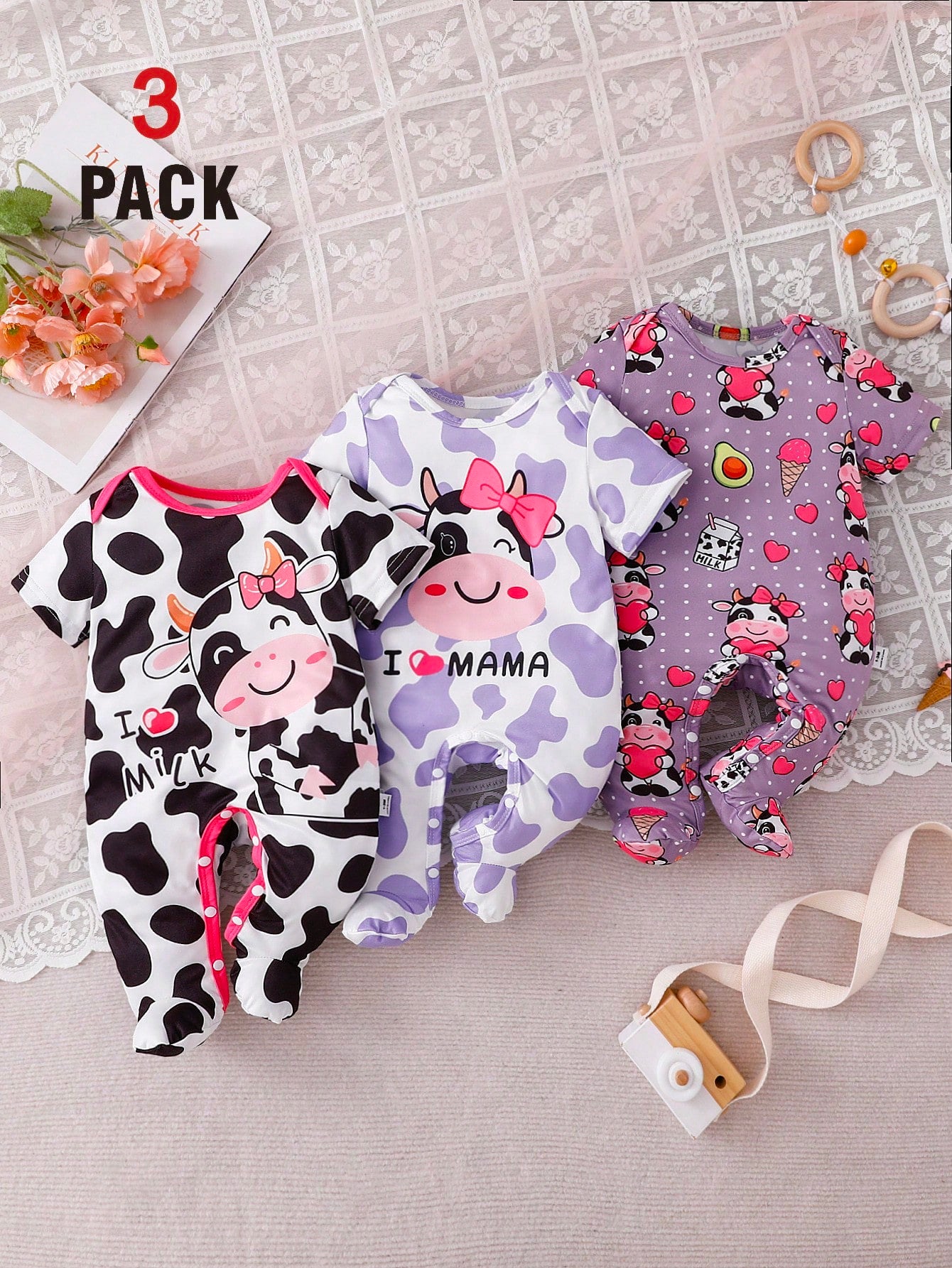 3pcs/Set Newborn Black And White Purple Summer Cute Casual Family Matching Infant Baby Pajamas Cartoon Cow Heart Pattern Milk Silk Footie