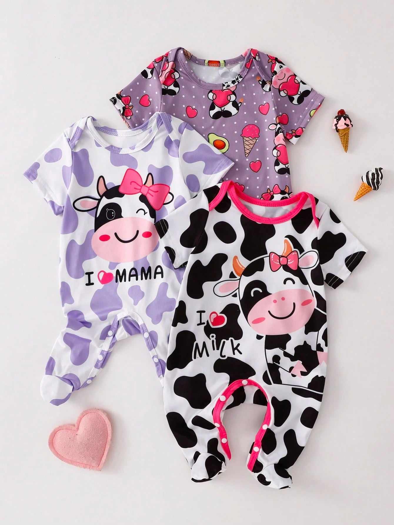 3pcs/Set Newborn Black And White Purple Summer Cute Casual Family Matching Infant Baby Pajamas Cartoon Cow Heart Pattern Milk Silk Footie