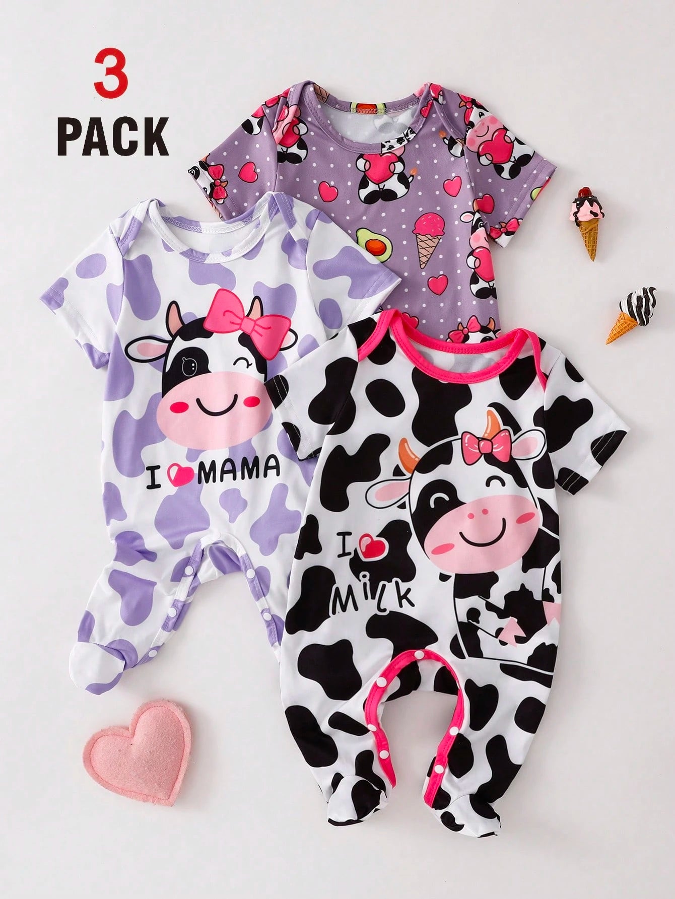 3pcs/Set Newborn Black And White Purple Summer Cute Casual Family Matching Infant Baby Pajamas Cartoon Cow Heart Pattern Milk Silk Footie