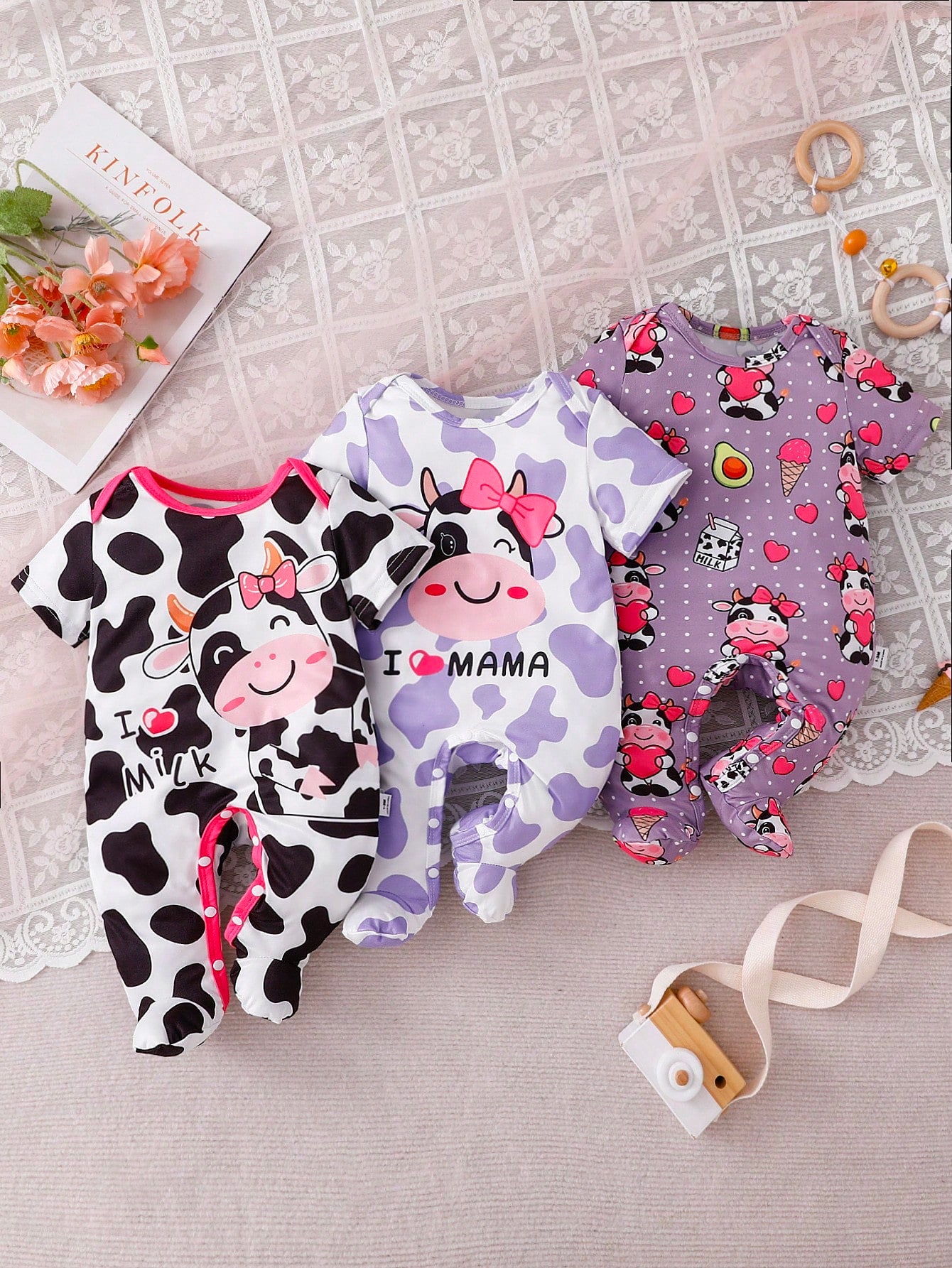 3pcs/Set Newborn Black And White Purple Summer Cute Casual Family Matching Infant Baby Pajamas Cartoon Cow Heart Pattern Milk Silk Footie