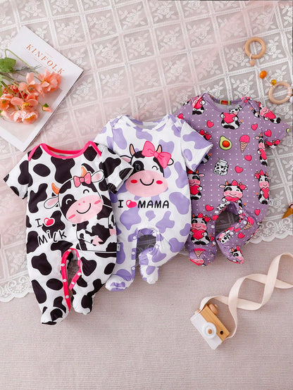 3pcs/Set Newborn Black And White Purple Summer Cute Casual Family Matching Infant Baby Pajamas Cartoon Cow Heart Pattern Milk Silk Footie