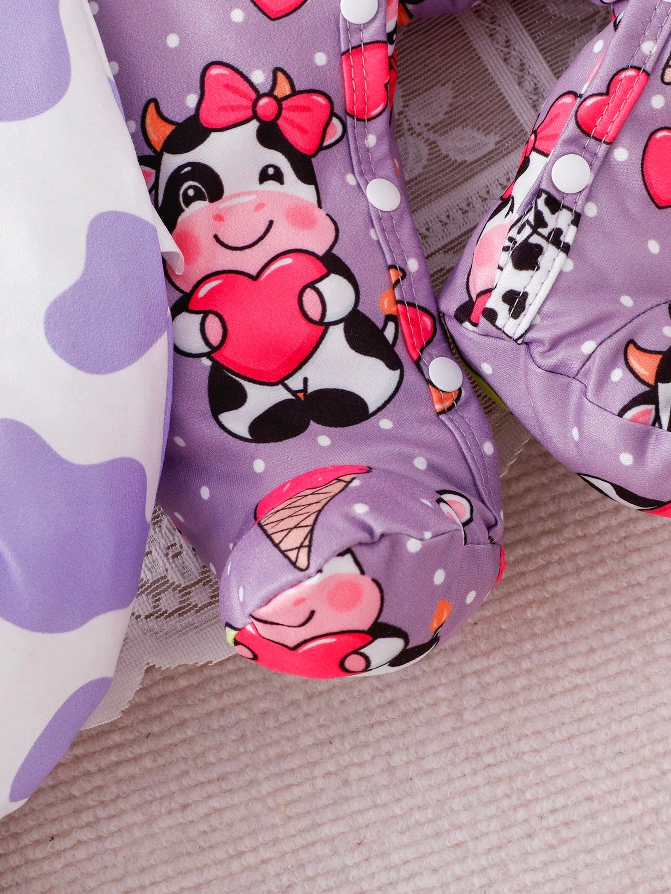 3pcs/Set Newborn Black And White Purple Summer Cute Casual Family Matching Infant Baby Pajamas Cartoon Cow Heart Pattern Milk Silk Footie