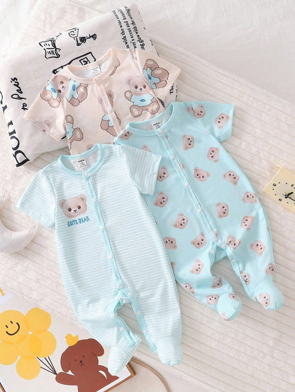 3pcs/Set Newborn Black And White Purple Summer Cute Casual Family Matching Infant Baby Pajamas Cartoon Cow Heart Pattern Milk Silk Footie