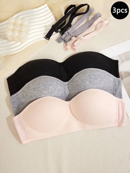 3pcs Set Teen Girl Non-Wire Thin Seamless Removable Strap Solid Color Bra, Suitable For Student Casual/Sports Wear Back To School Fashion Black Summer