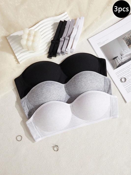 3pcs/Set Teen Girls Wireless Solid Color Bras,Removable Shoulder Strap White Non-Steel Sport Bra For Casual,Work&Winter Casual Bra For Girls&Girl