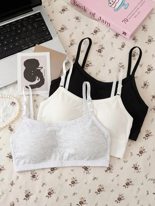 3pcs/Set Teenage Girls Minimalist Fashion White, Skin Color, Black Camisole Bra Set Summer