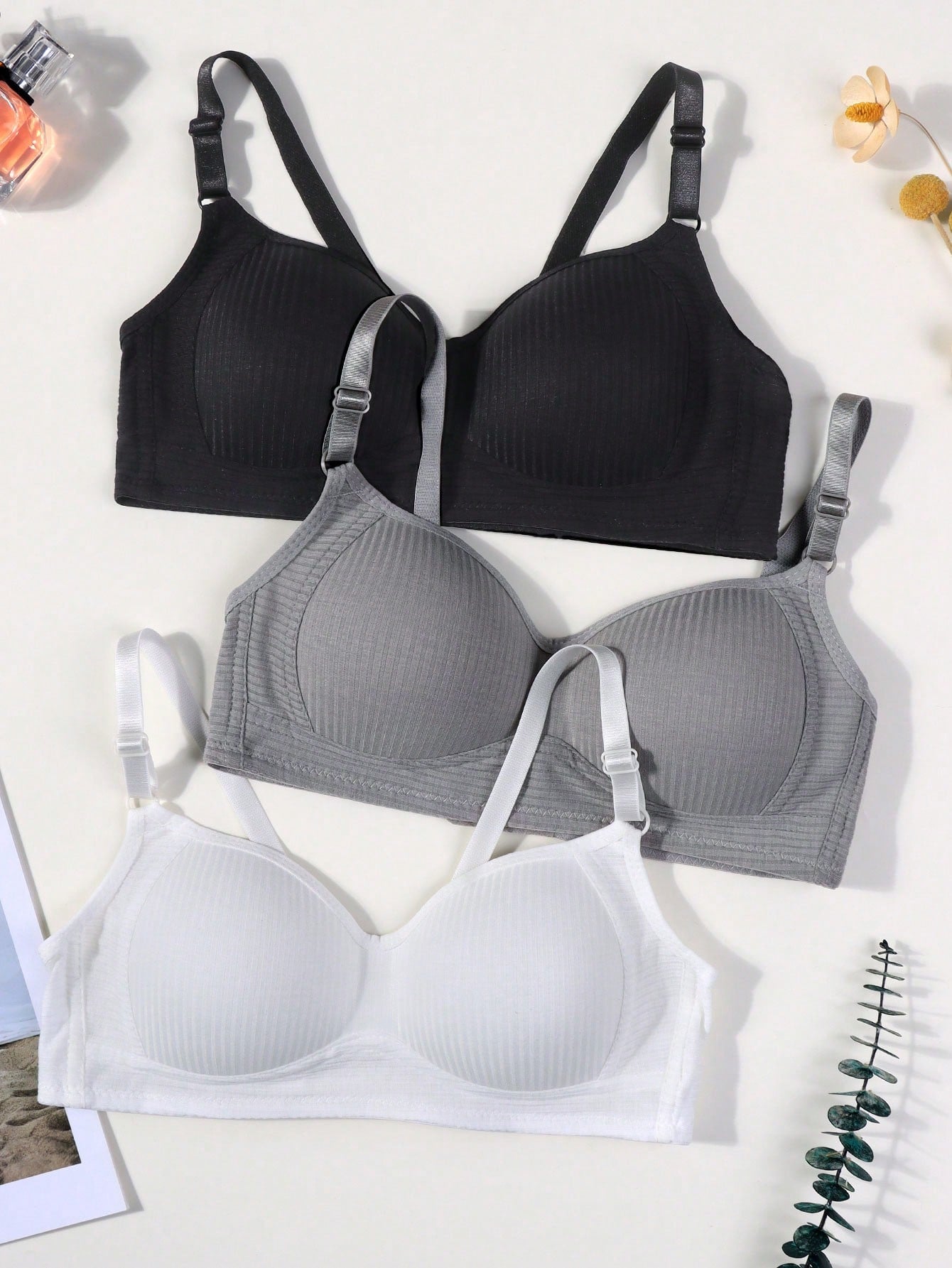 3pcs/Set Teenage Girls' Ribbed Comfortable Simple Style Bras, Suitable For 13-16 Years Old