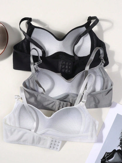 3pcs/Set Teenage Girls' Ribbed Comfortable Simple Style Bras, Suitable For 13-16 Years Old
