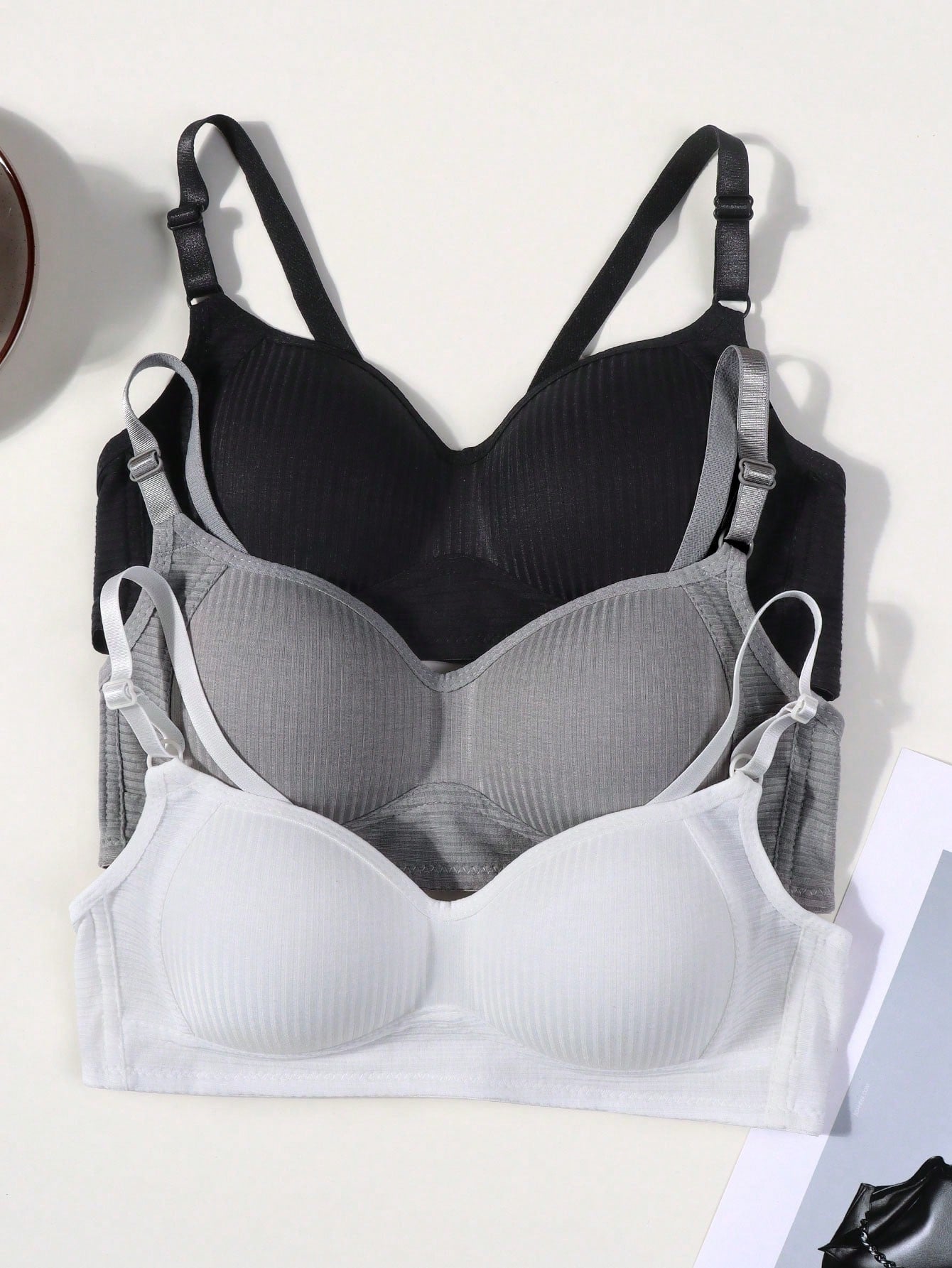 3pcs/Set Teenage Girls' Ribbed Comfortable Simple Style Bras, Suitable For 13-16 Years Old