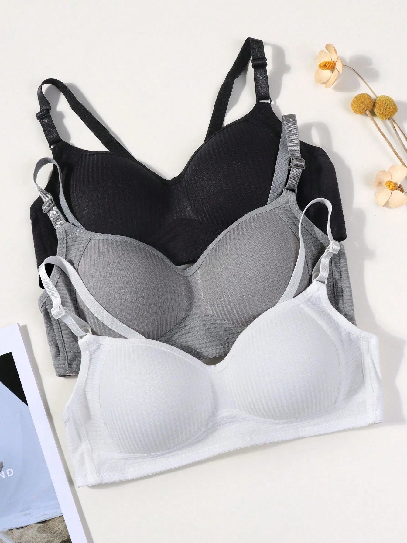 3pcs/Set Teenage Girls' Ribbed Comfortable Simple Style Bras, Suitable For 13-16 Years Old