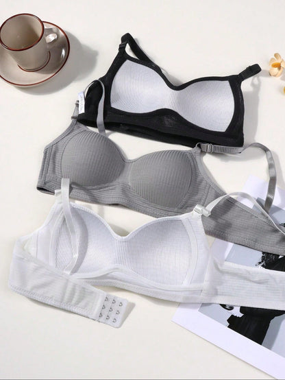 3pcs/Set Teenage Girls' Ribbed Comfortable Simple Style Bras, Suitable For 13-16 Years Old