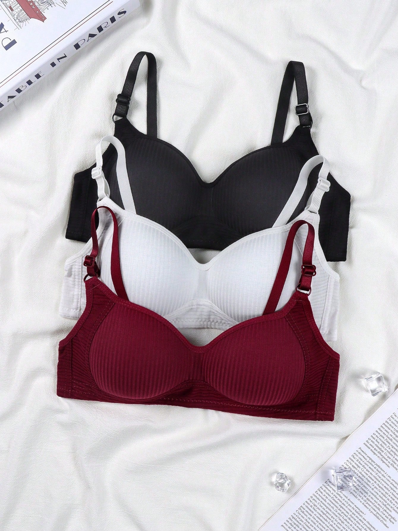 3pcs/Set Teenage Girls' Ribbed Comfortable Simple Style Bras, Suitable For 13-16 Years Old
