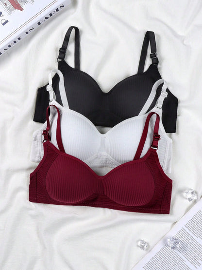 3pcs/Set Teenage Girls' Ribbed Comfortable Simple Style Bras, Suitable For 13-16 Years Old