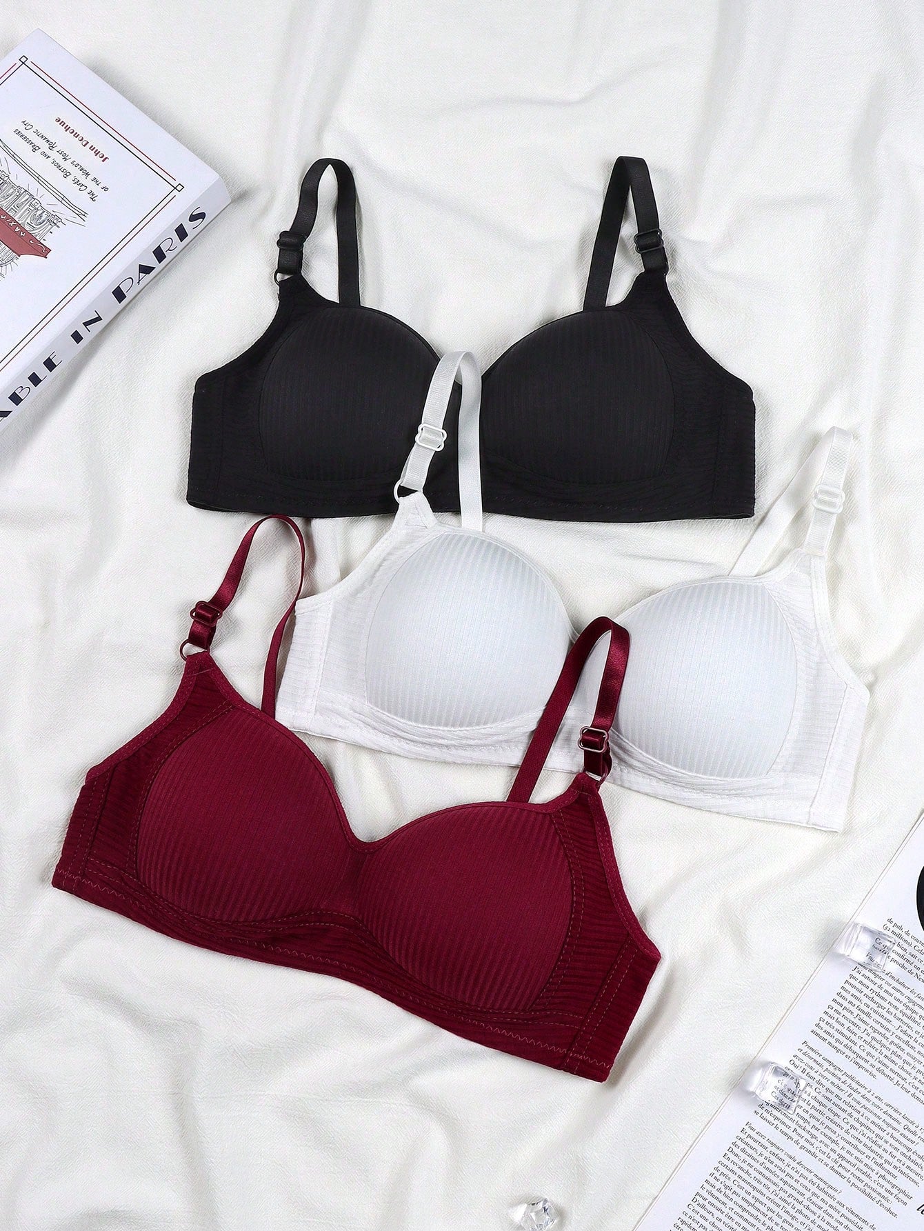 3pcs/Set Teenage Girls' Ribbed Comfortable Simple Style Bras, Suitable For 13-16 Years Old