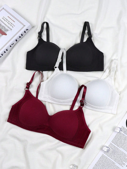 3pcs/Set Teenage Girls' Ribbed Comfortable Simple Style Bras, Suitable For 13-16 Years Old