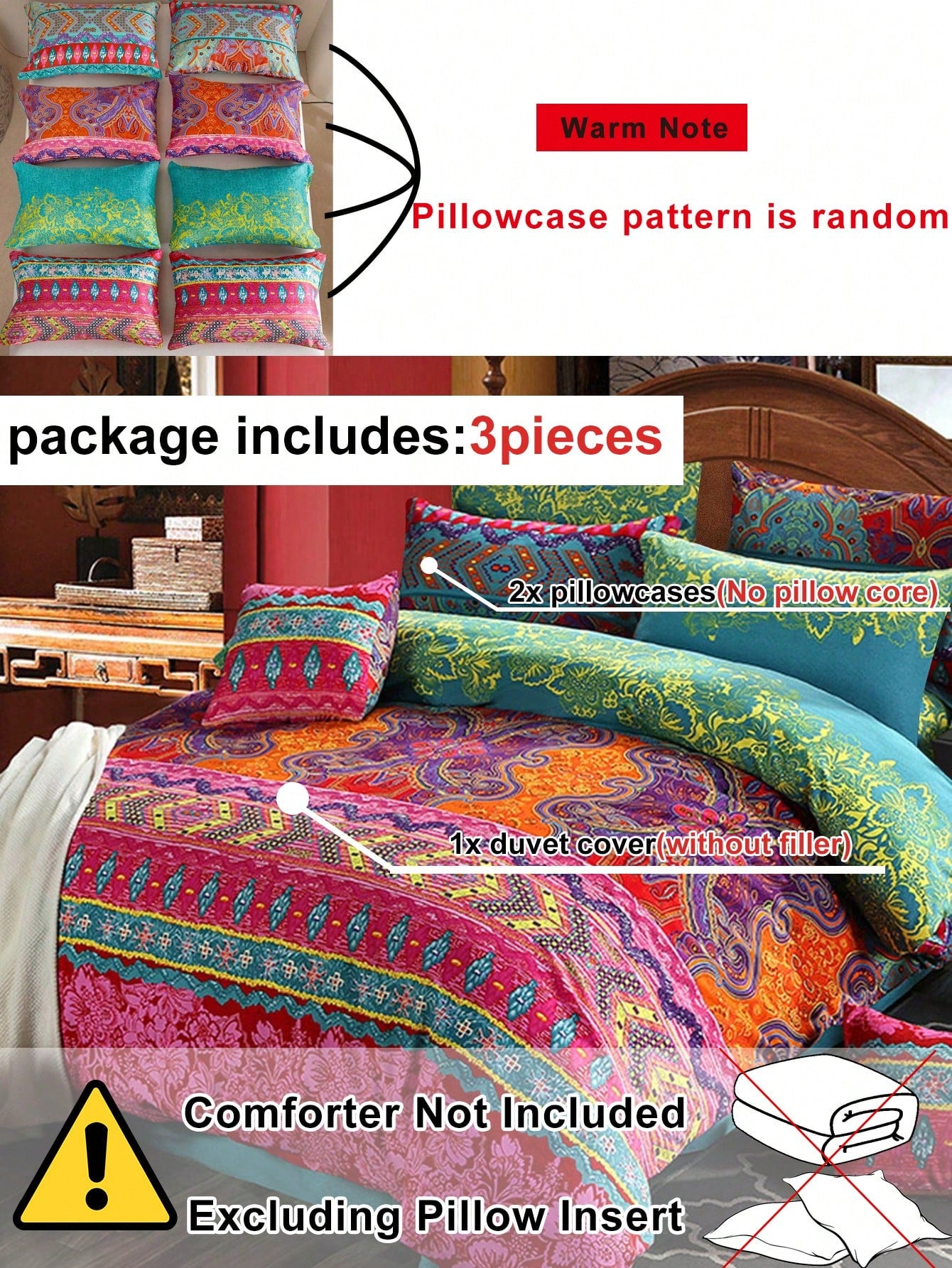 3pcs/set Tribal Print Duvet Cover Set Without Filler, Polyester Duvet Cover Set (1pc Comforter Cover,2pcs Pillowcase) For Bed