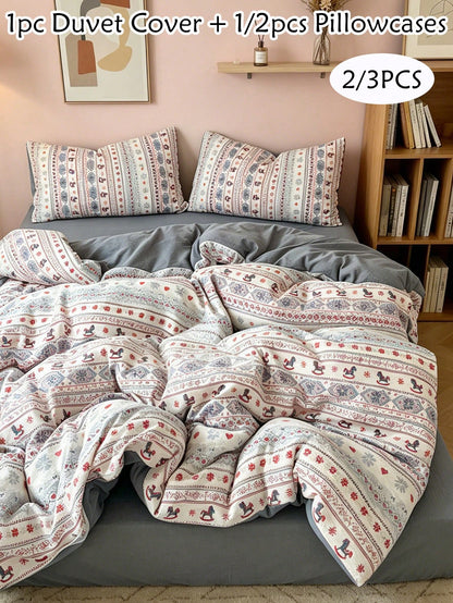 3pcs/set Tribal Print Duvet Cover Set Without Filler, Polyester Duvet Cover Set (1pc Comforter Cover,2pcs Pillowcase) For Bed