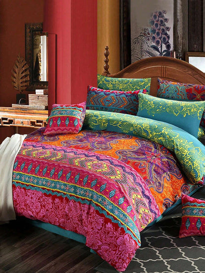 3pcs/set Tribal Print Duvet Cover Set Without Filler, Polyester Duvet Cover Set (1pc Comforter Cover,2pcs Pillowcase) For Bed
