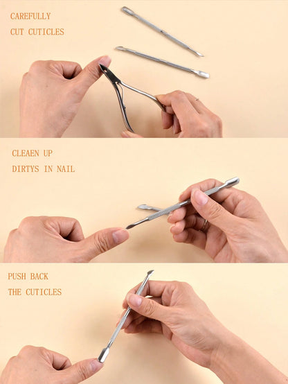 3pcs Stainless Steel Nail Dead Skin Remover Pusher & Pliers Set,Nail Supplies,Nail Tools,Nail Art Tools,Back To School,Nails,Nail Tools For Press On Nails,Manicure Pedicure Tools