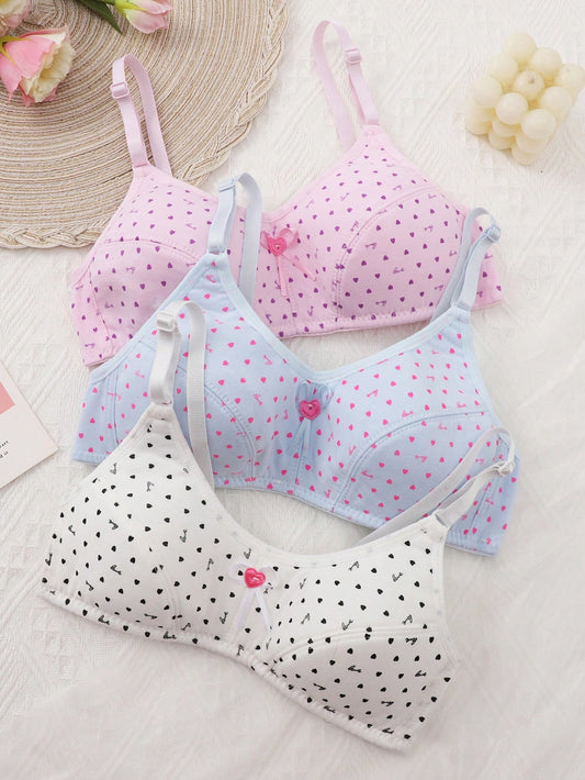 3pcs Teen Girl Cute Underwear Spaghetti Strap Bra With Bowknot Decorated Shoulder Strap And All-Over Print Pattern