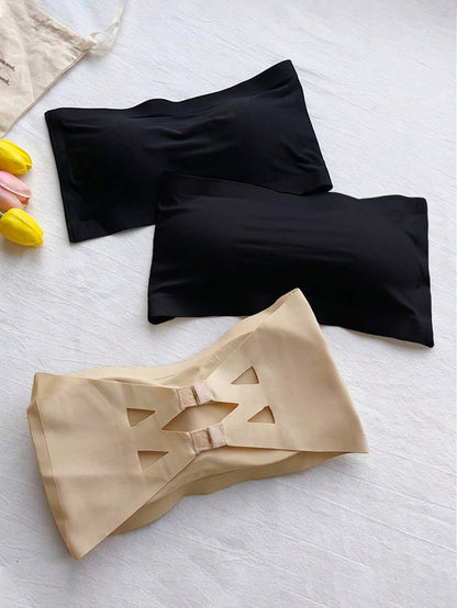 3pcs Teen Girl Strapless, Traceless, Icy, Beautiful Back Wrapped Chest Underwear With Anti-Lightning & Invisible Fastener