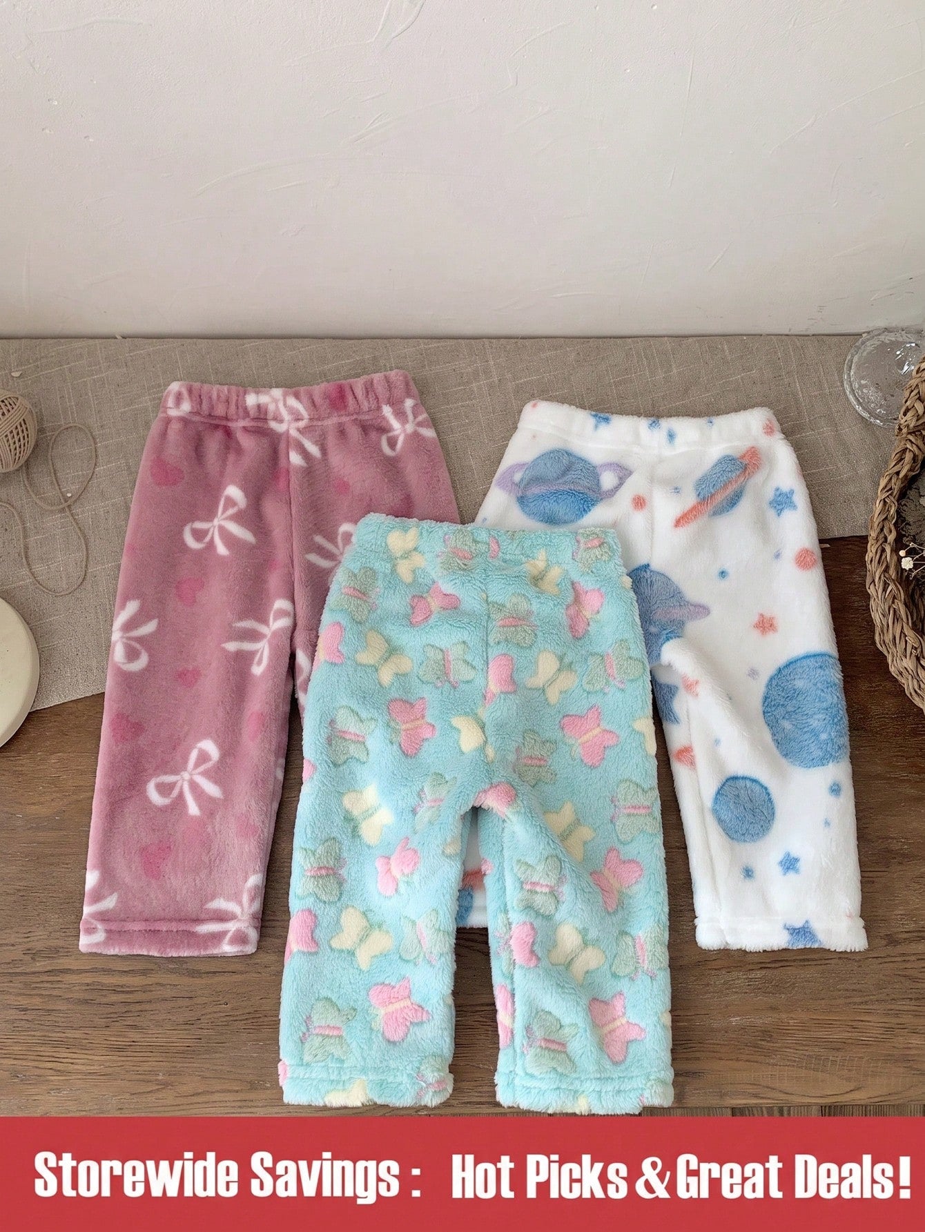 3pcs Toddler Baby Girls Squishy Butterfly Planet Heart Print Fuzzy Plush Soft Thick Straight Leg Pants Leggings Sweat Pants Set School Fall Winter