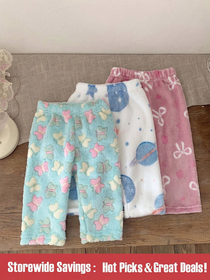 3pcs Toddler Baby Girls Squishy Butterfly Planet Heart Print Fuzzy Plush Soft Thick Straight Leg Pants Leggings Sweat Pants Set School Fall Winter