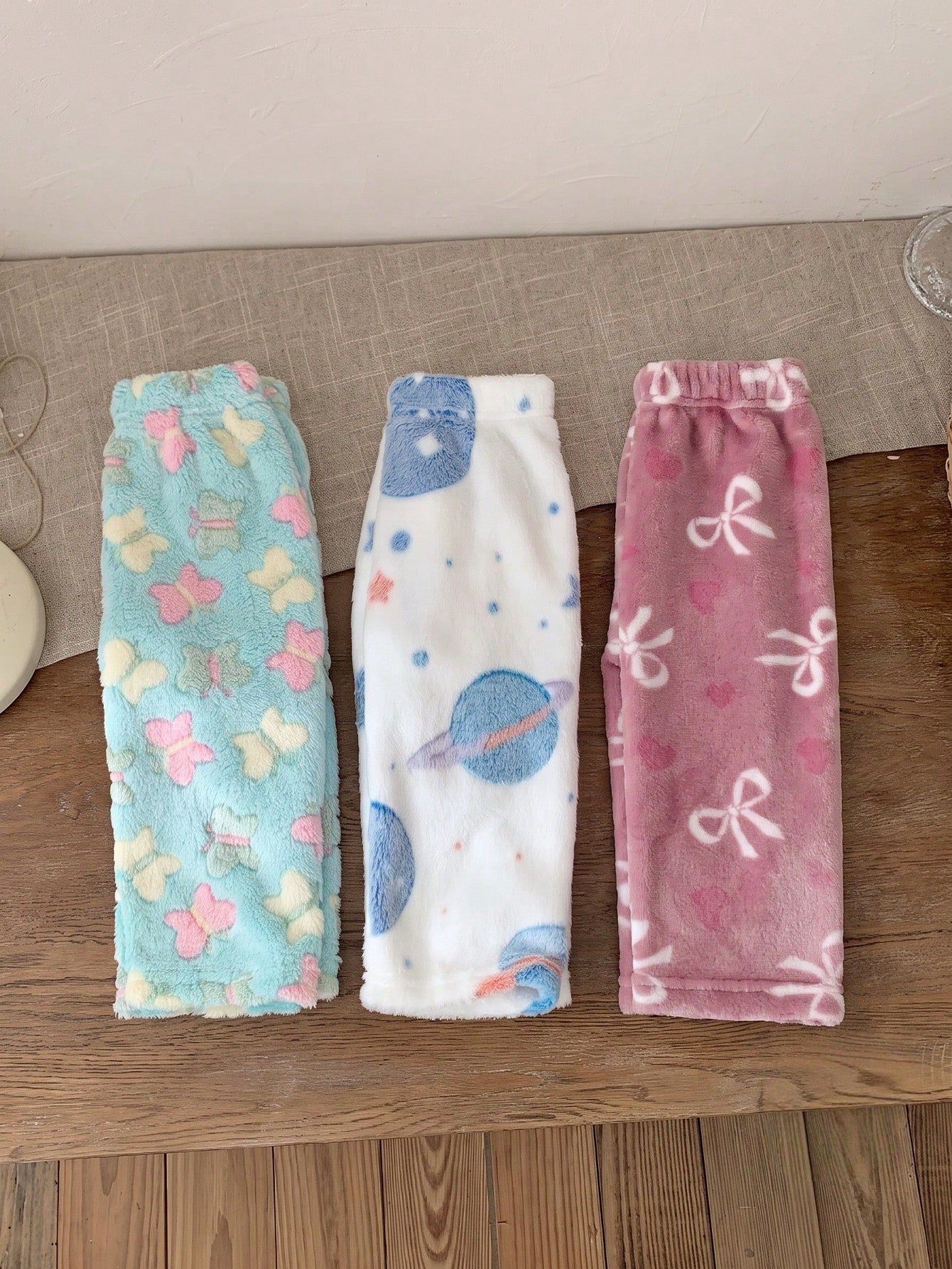 3pcs Toddler Baby Girls Squishy Butterfly Planet Heart Print Fuzzy Plush Soft Thick Straight Leg Pants Leggings Sweat Pants Set School Fall Winter