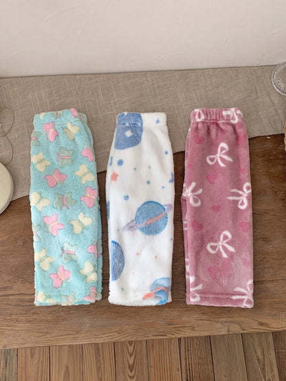 3pcs Toddler Baby Girls Squishy Butterfly Planet Heart Print Fuzzy Plush Soft Thick Straight Leg Pants Leggings Sweat Pants Set School Fall Winter
